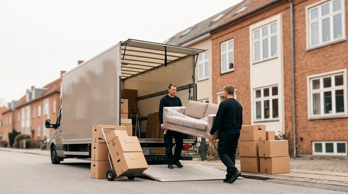 To flyttefolk bærer en indpakket sofa ind i en flyttebil foran rødstens-rækkehuse i Aarhus