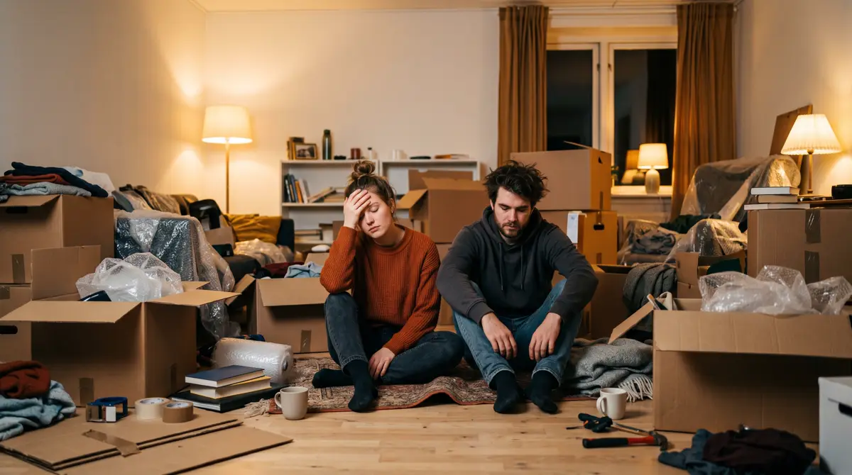 Udmattet par sidder på gulvet midt i et halvpakket rum fyldt med kasser og pakkemateriale sent om aftenen