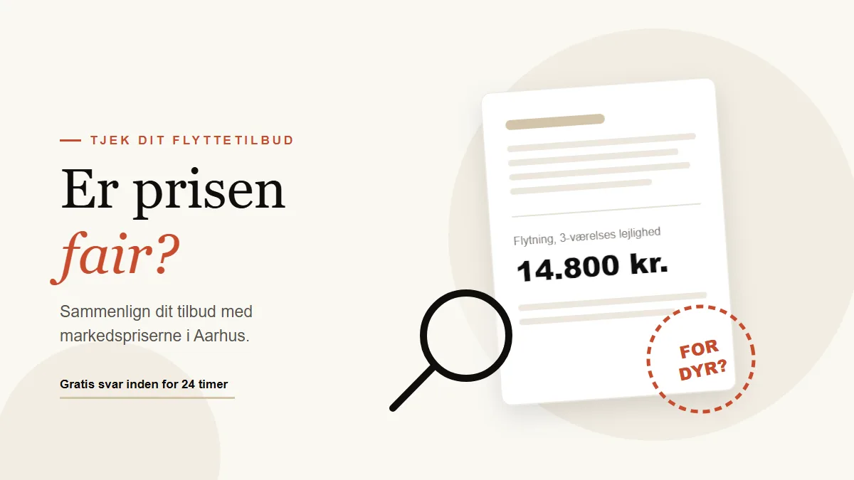 Flyttetilbud på 14.800 kroner under et forstørrelsesglas med et stempel der spørger om prisen er for dyr